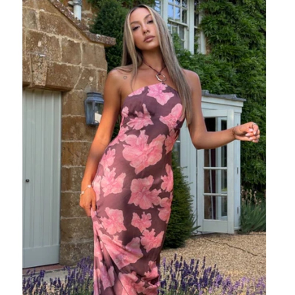 Hello Molly Floral Pink and Brown Halter Dress